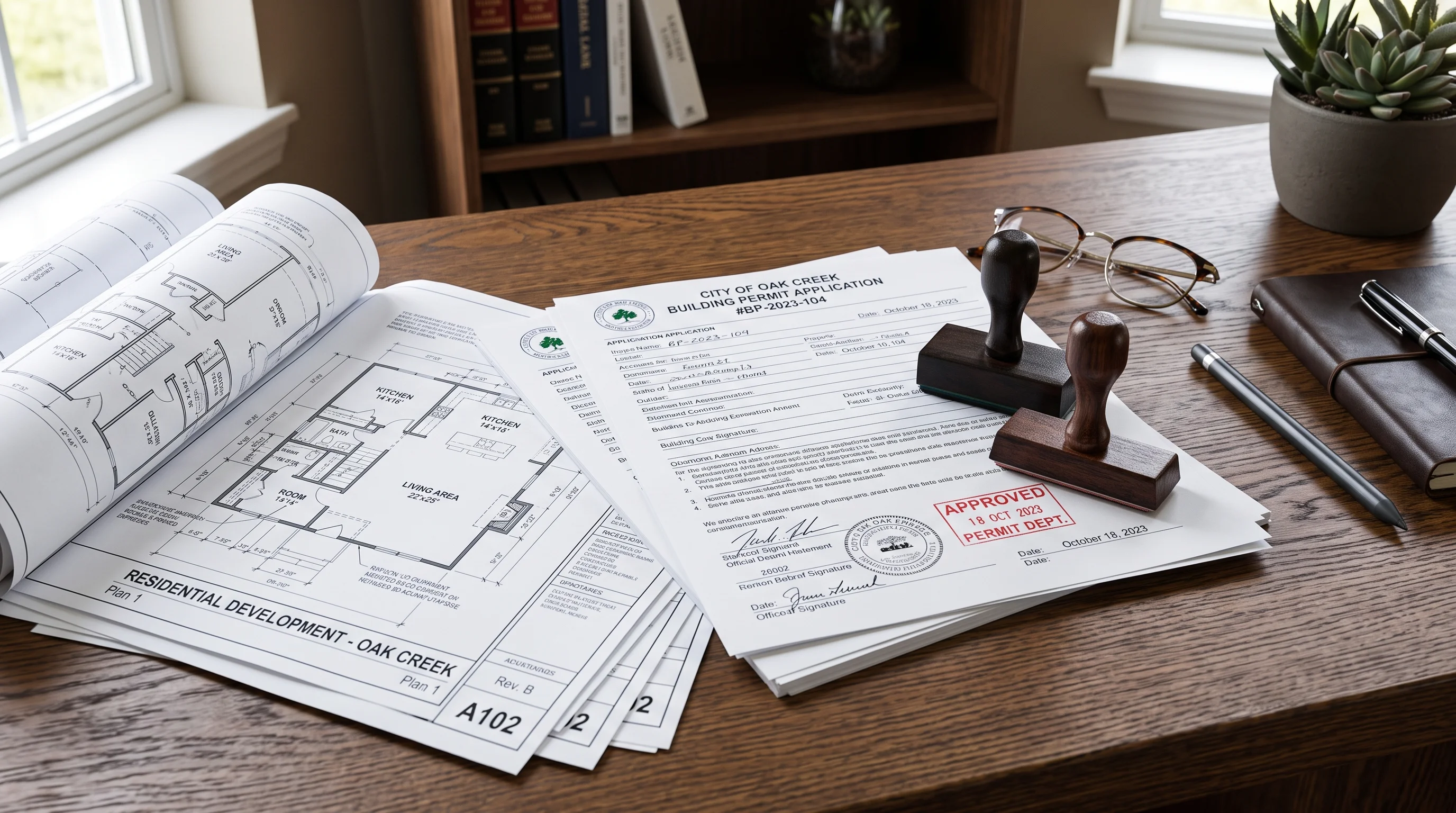 Official city building permit documents binder resting on top of architectural floor plans