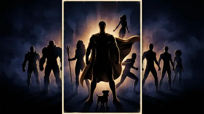Caped hero ensemble silhouettes