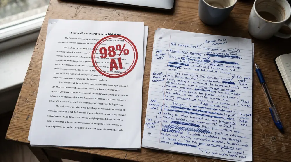 Essay stamped AI beside draft