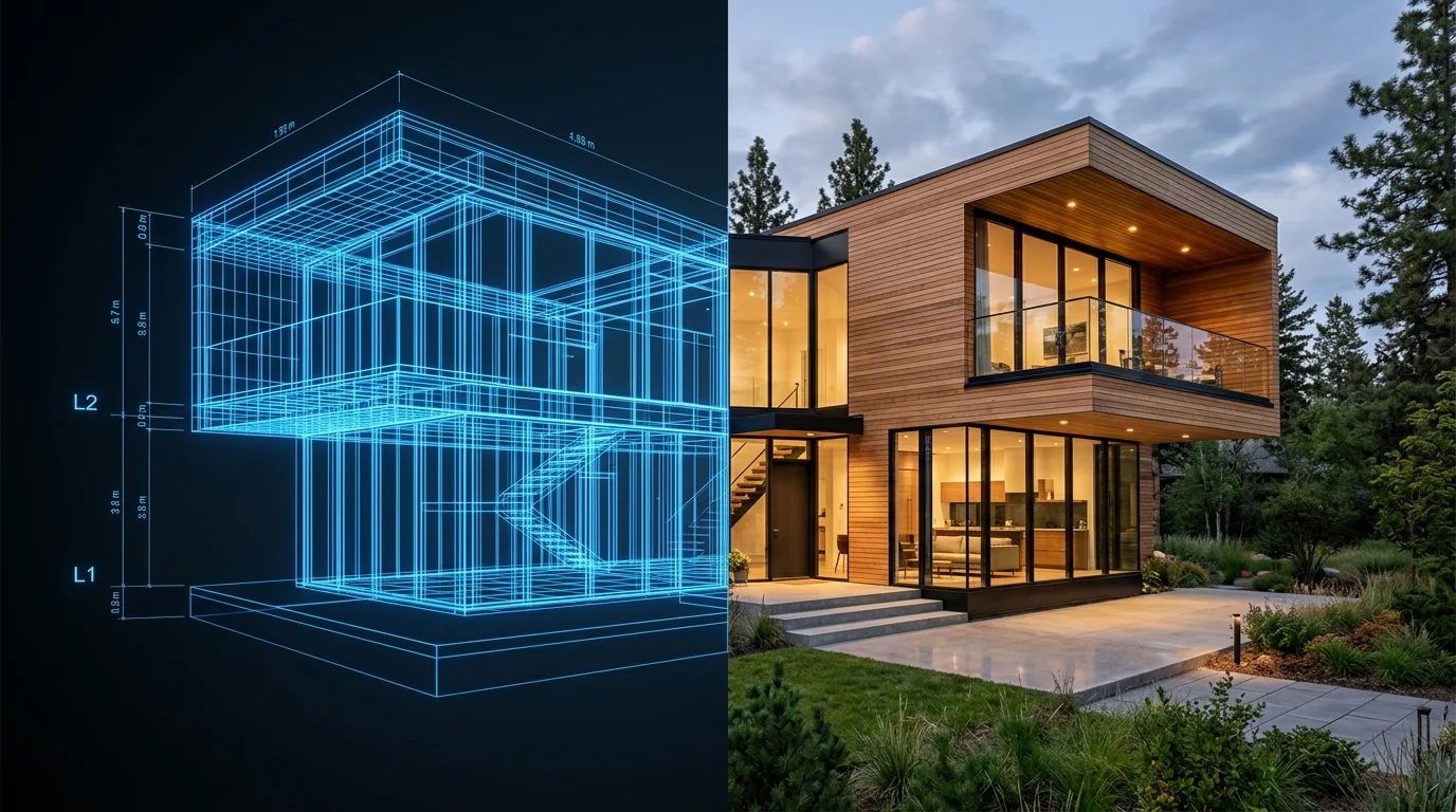 3D architectural wireframe grid overlay transitioning into completed modern house design