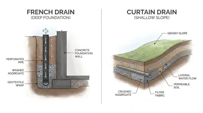 French drain vs curtain drain
