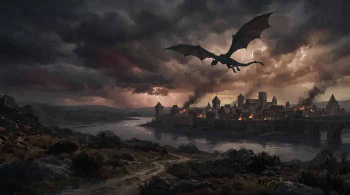 Dragon above besieged river town