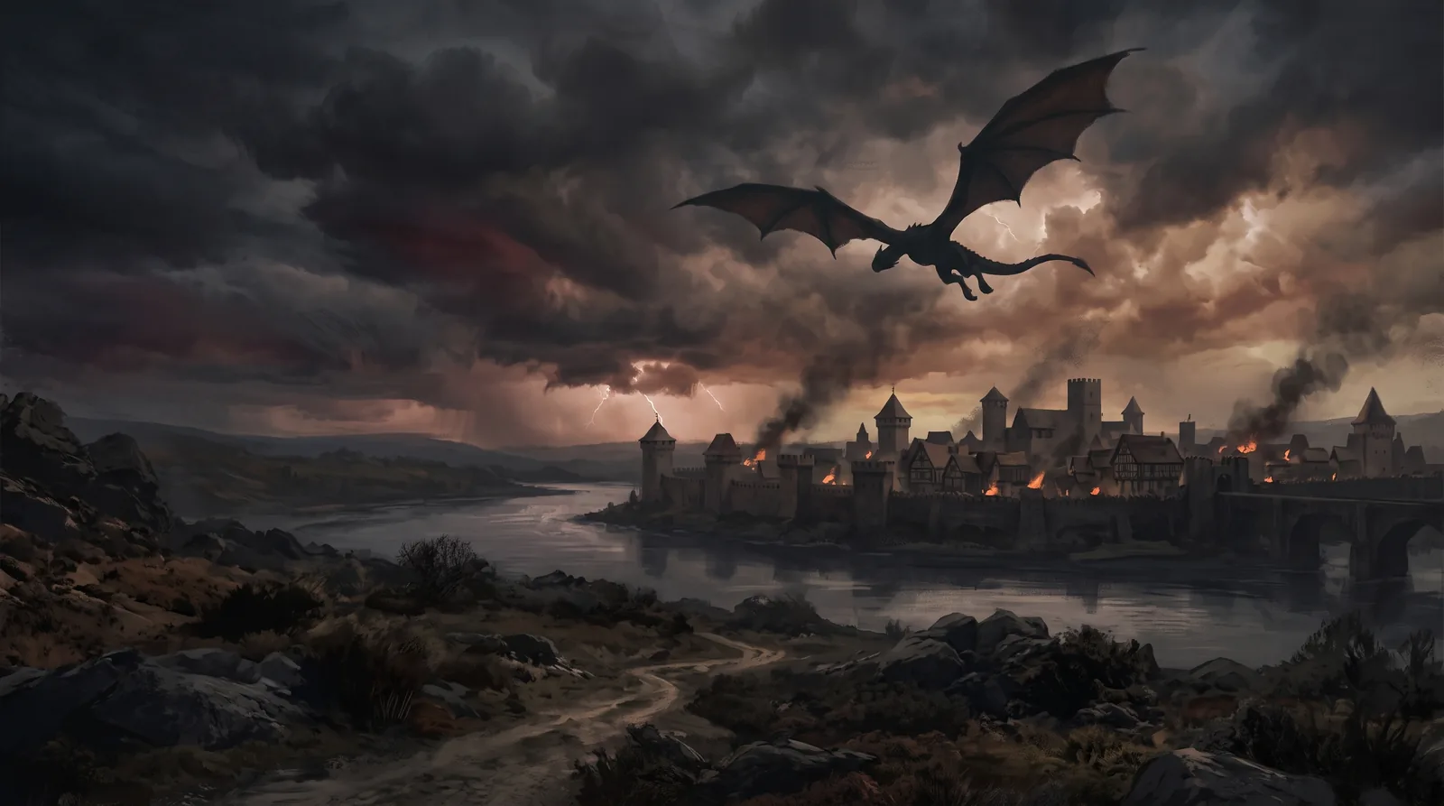 Dragon above besieged river town