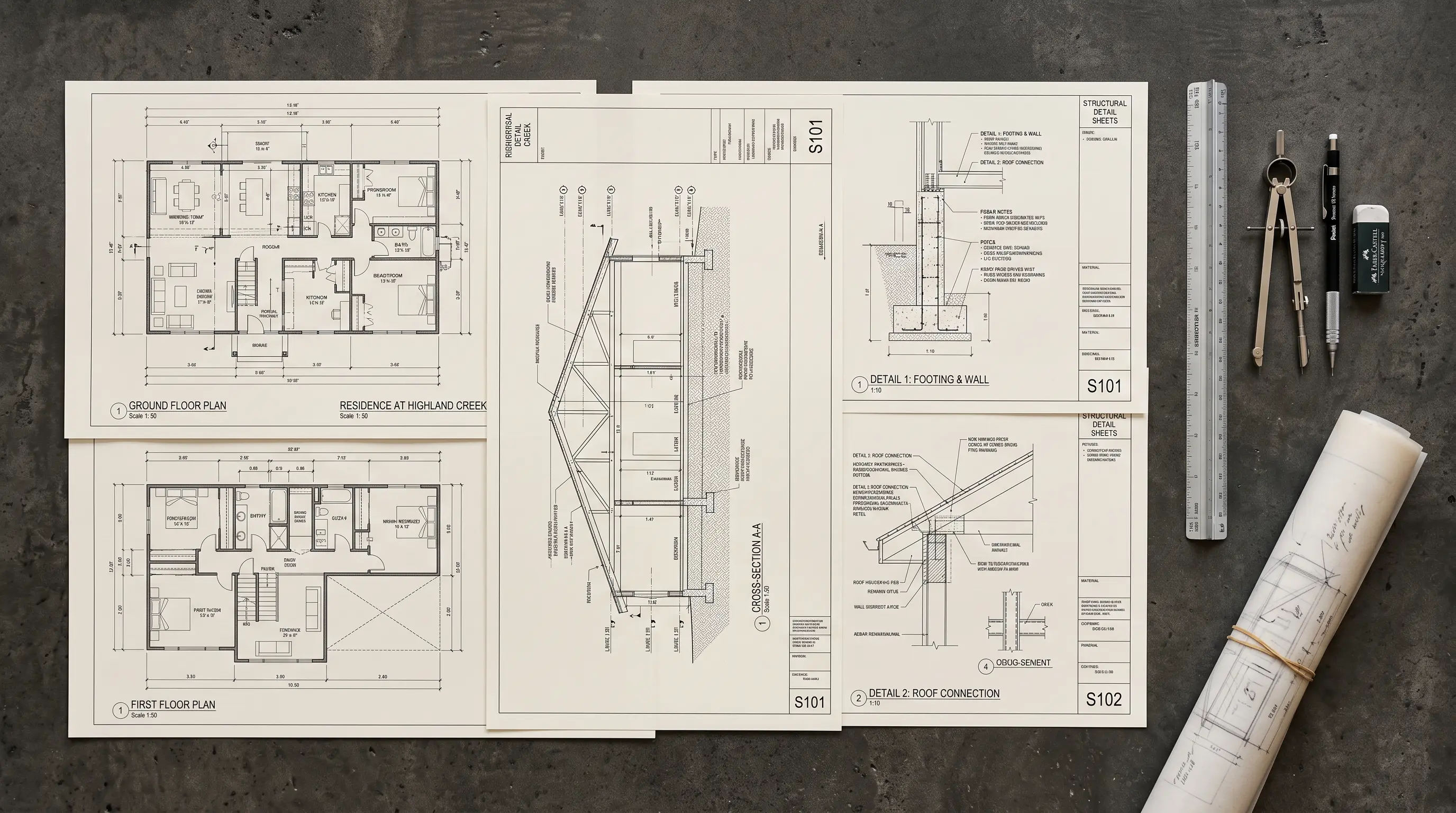 Complete set of house architectural floor plans elevation drawings scale ruler and CAD laptop