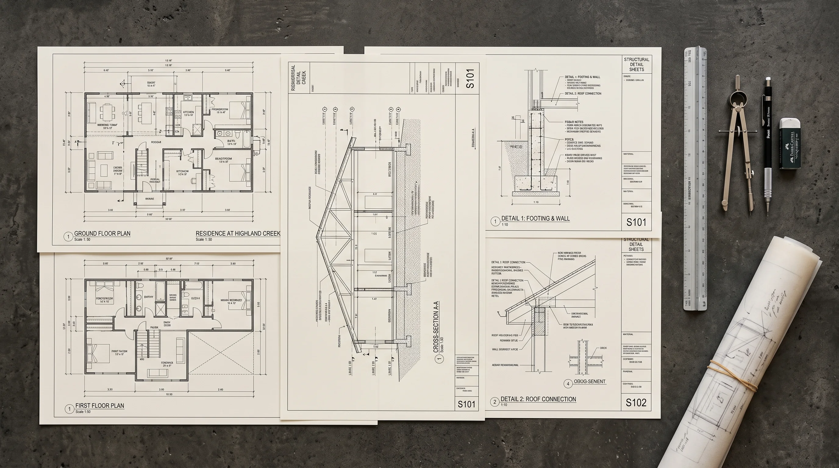 Complete set of house architectural floor plans elevation drawings scale ruler and CAD laptop