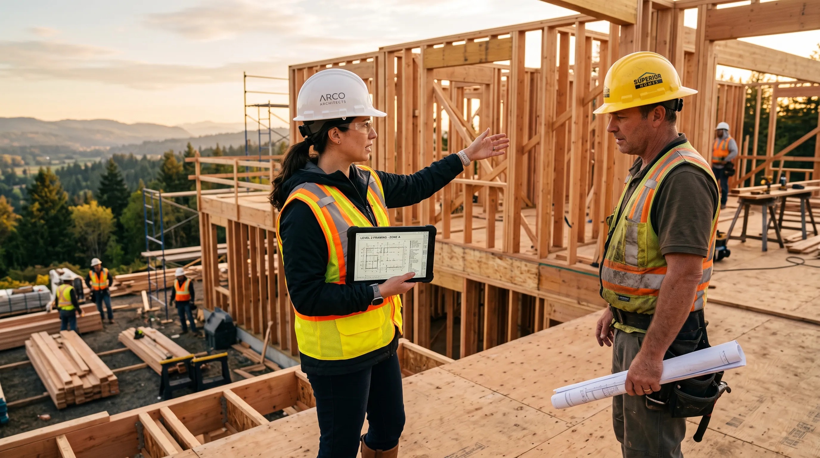 Architect supervising residential construction framing site with structural blueprints